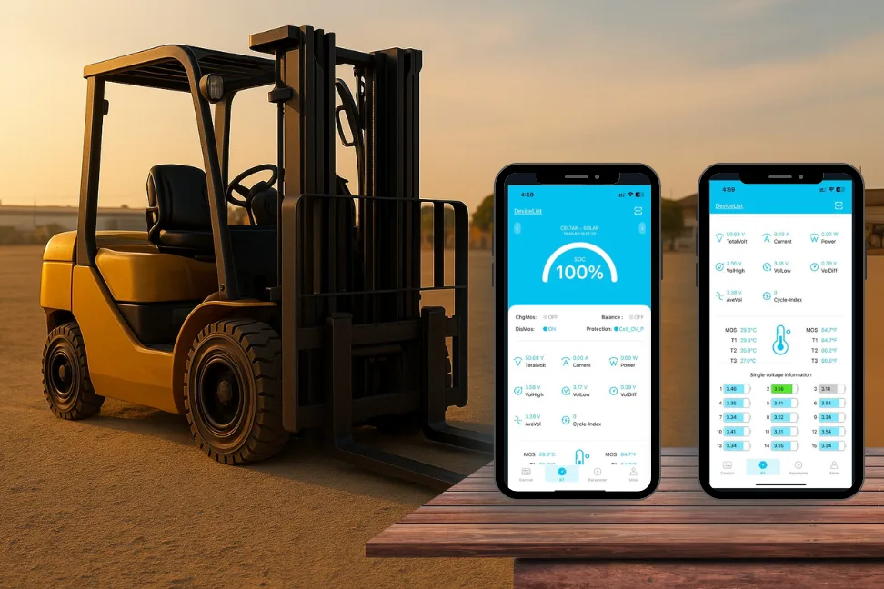 Cellex BMS with forklift and mobile app showing real-time battery monitoring and safety features.