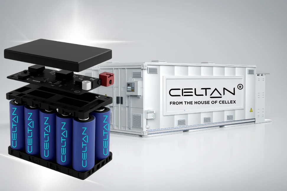 Exploded CELTAN battery module with energy container, showing advanced manufacturing precision.
